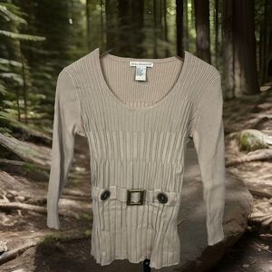 Requirements Sweater Scoop Neck Elbow Sleeve Pullover Top Faux Belt‎ Beige Small